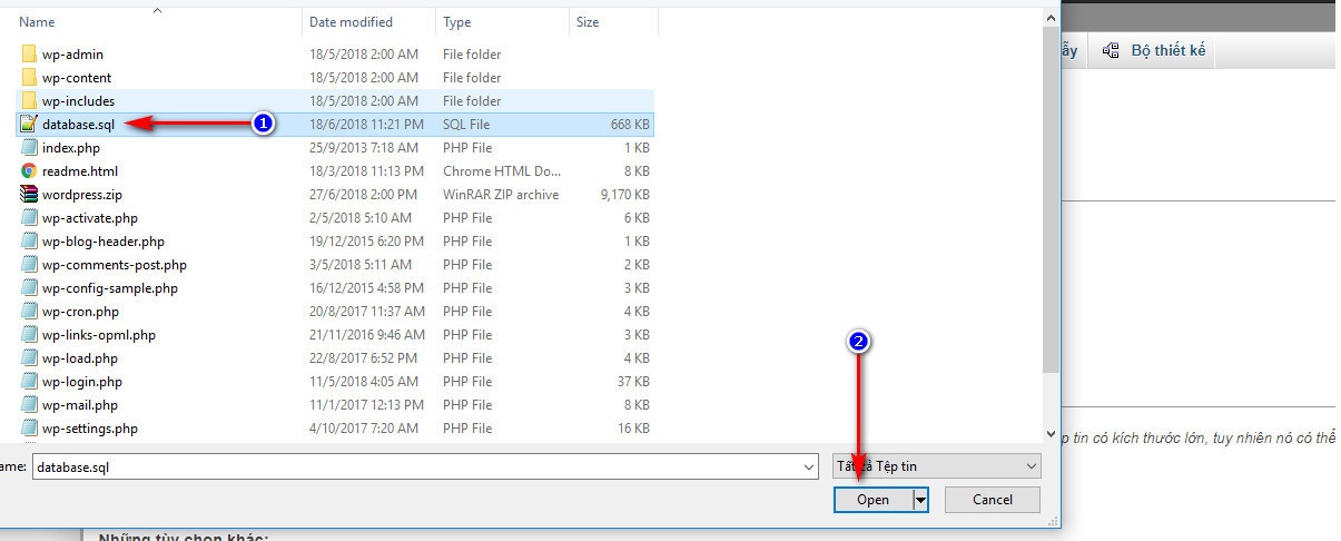 Chọn file database trên máy tính