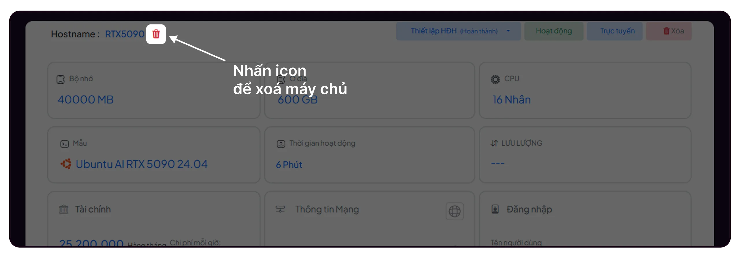 Icon thùng rác để xoá Cloud GPU